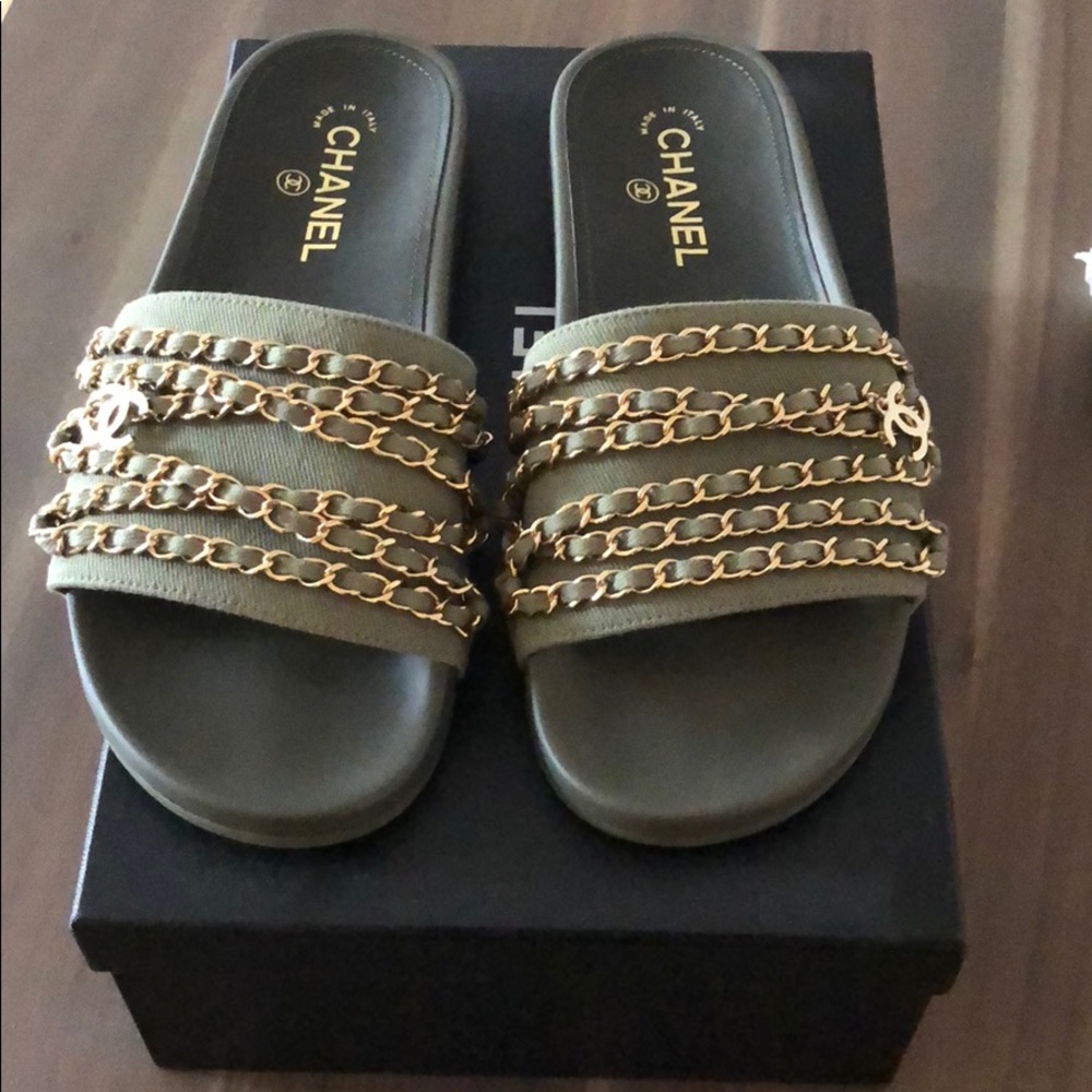 Chanel khaki tropiconic slides size 40 US size 9